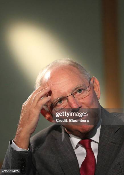 Wolfgang Schaeuble, Germany's finance minister, speaks during a Bloomberg Television interview at a Bloomberg G-20 event in Berlin, Germany, on...