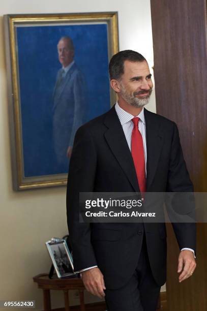 King Felipe VI of Spain receives President of Peru Pedro Pablo Kuczynski at the Zarzuela Palace on June 13, 2017 in Madrid, Spain.