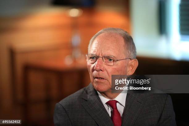 Wolfgang Schaeuble, Germany's finance minister, speaks during a Bloomberg Television interview at a Bloomberg G-20 event in Berlin, Germany, on...