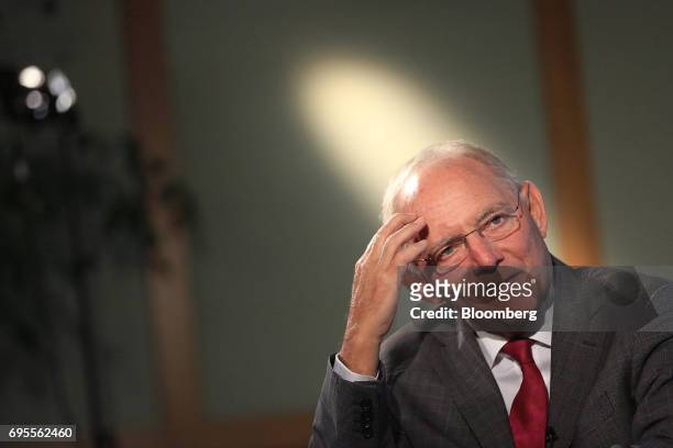 Wolfgang Schaeuble, Germany's finance minister, pauses during a Bloomberg Television interview at a Bloomberg G-20 event in Berlin, Germany, on...