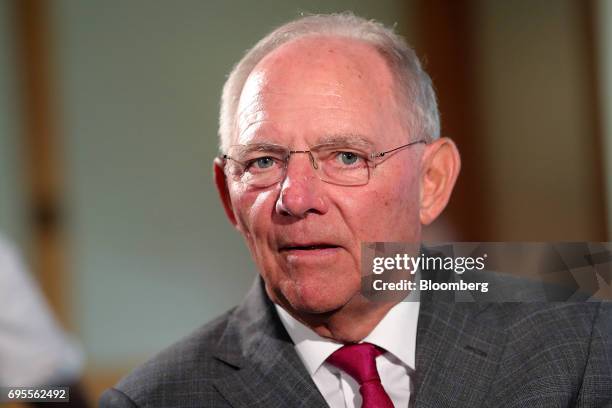 Wolfgang Schaeuble, Germany's finance minister, speaks during a Bloomberg Television interview at a Bloomberg G-20 event in Berlin, Germany, on...