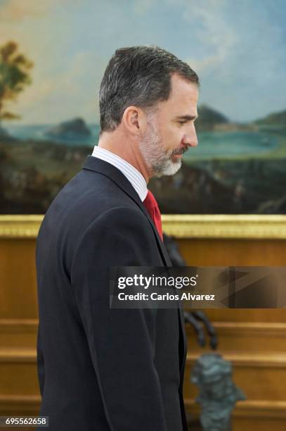 King Felipe VI of Spain receives President of Peru Pedro Pablo Kuczynski at the Zarzuela Palace on June 13, 2017 in Madrid, Spain.