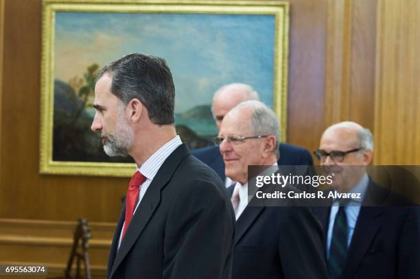 King Felipe VI of Spain receives President of Peru Pedro Pablo Kuczynski at the Zarzuela Palace on June 13, 2017 in Madrid, Spain.