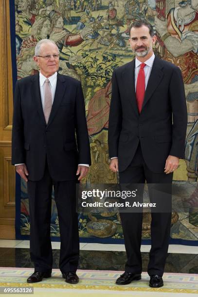 King Felipe VI of Spain receives President of Peru Pedro Pablo Kuczynski at the Zarzuela Palace on June 13, 2017 in Madrid, Spain.