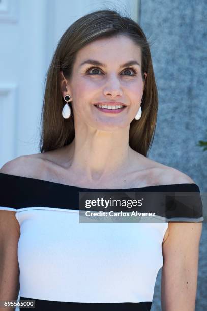 Queen Letizia of Spain receives President of Peru Pedro Pablo Kuczynski and wife Nancy Lange at the Zarzuela Palace on June 13, 2017 in Madrid, Spain.