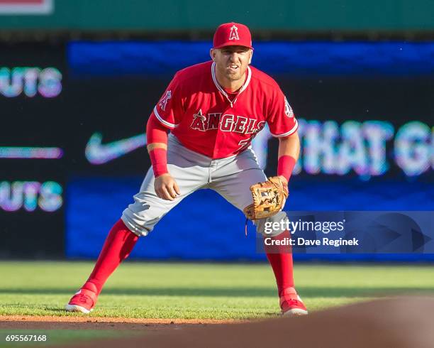 Cliff Pennington of the Los Angeles Angels gets set for the pitch in the first inning during a MLB game against the Detroit Tigers at Comerica Park...