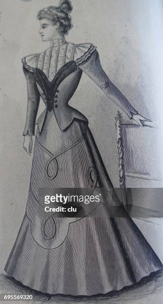 woman with fasionable clothing 19. jahrhundert - elegante kleidung stock illustrations