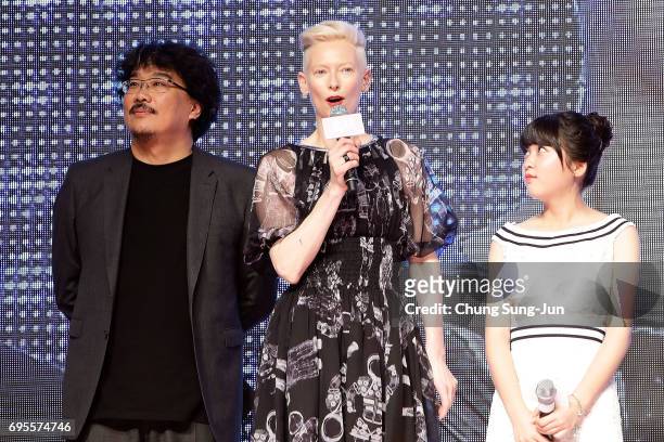 Bong Joon Ho, Tilda Swinton and An Seo Hyun attend the Korean Red Carpet Premiere of Netflix release 'Okja" at Times Square on Tuesday, June 13, 2017...