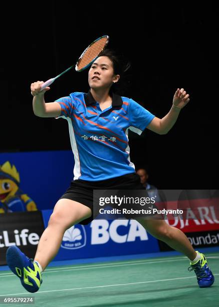 Chiang Mei Hui of Chinese Taipei competes against Soniia Cheah of Malaysia during Womens Single Round 1 match of the BCA Indonesia Open 2017 at...