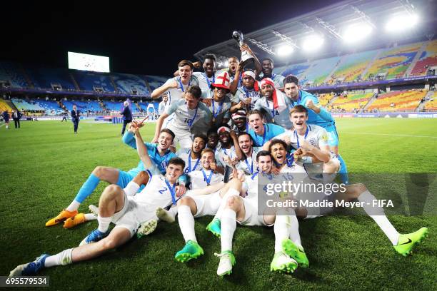England celebrates after defeating Venezuela 1-0 in the FIFA U-20 World Cup Korea Republic 2017 Final match at Suwon World Cup Stadium on June 11,...