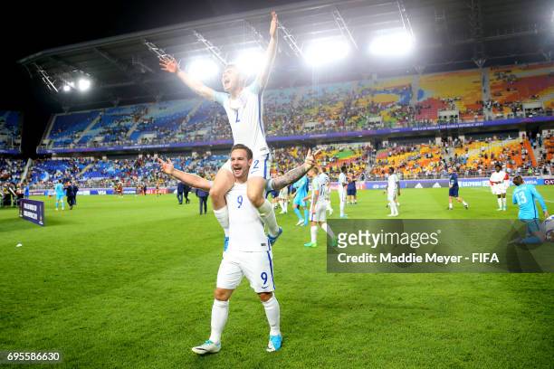 Adam Armstrong of England and Jonjoe Kenny celebrate after defeating Venezuela 1-0 in the FIFA U-20 World Cup Korea Republic 2017 Final at Suwon...