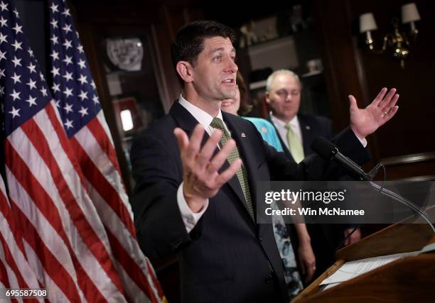 Speaker of the House Paul Ryan answers questions during a press conference June 13, 2017 in Washington, DC. Ryan and members of the House Republican...