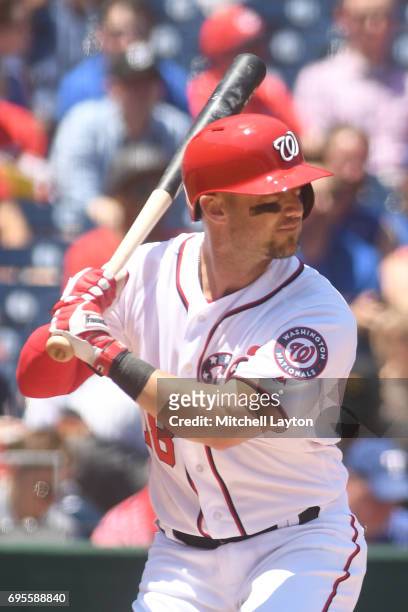 Ryan Raburn of the Washington Nationals prepares for a pitch during a baseball game against the Texas Rangers at Nationals Park on June 10, 2017 in...