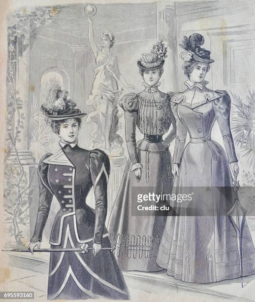 woman with fasionable clothing 19. jahrhundert - elegante kleidung stock illustrations