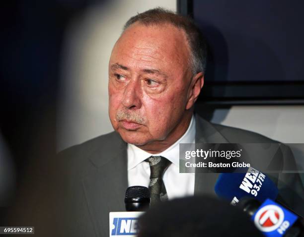 Red Sox NESN color commentator Jerry Remy speaks with the media in the press box at Fenway Park in Boston, announcing that he has been diagnosed with...