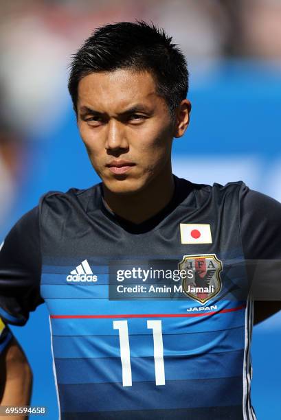 Yuya Kubo of Japan looks on during the FIFA World Cup Russia Asian Final Qualifier match between Iraq and Japan at PAS Stadium on June 13, 2017 in...