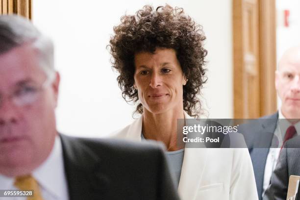 Accuser Andrea Constand walks from the courtroom during jury deliberations in entertainer Bill Cosby's trial on sexual assault charges at the...