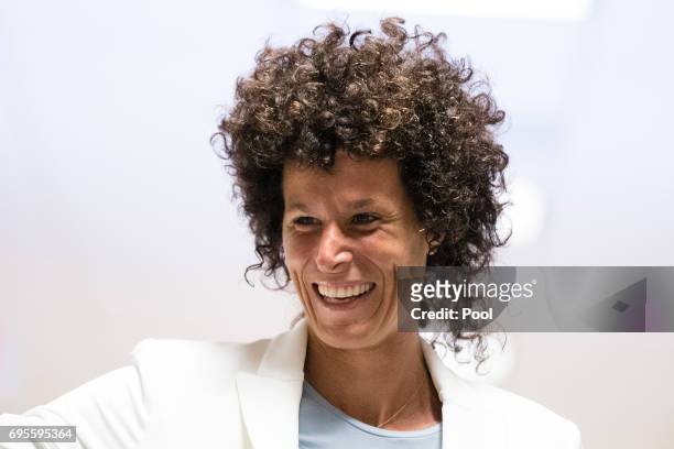 Accuser Andrea Constand walks to the courtroom during jury deliberations in entertainer Bill Cosby's trial on sexual assault charges at the...