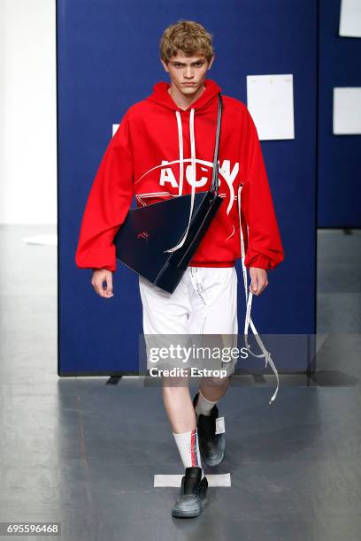 Model on the runway at the A Cold Wall* Presentation during the London Fashion Week Men's June 2017 collections on June 12, 2017 in London, England.