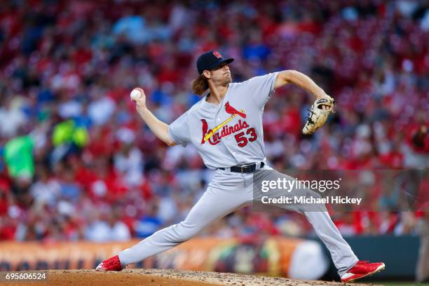 John Gant of the St. Louis Cardinals pitches during the game against the Cincinnati Reds at Great American Ball Park on June 6, 2017 in Cincinnati,...