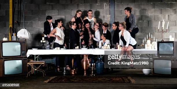 the modern last supper - warmes abendessen stock pictures, royalty-free photos & images