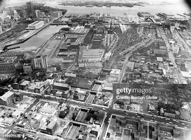 Aerial view of the South Station and Fort Point Channel area in Boston, where new Patriots sports stadium complex is being considered, June 28, 1965.