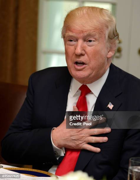 President Donald Trump hosts a working lunch with members of Congress at the White House, June 13 in Washington, DC. Trump and lawmakers discussed...