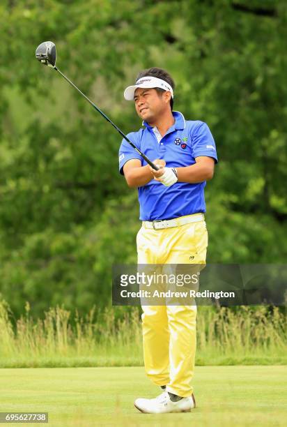 Yuta Ikeda of Japan plays his shot from the 17th tee during a practice round prior to the 2017 U.S. Open at Erin Hills on June 13, 2017 in Hartford,...