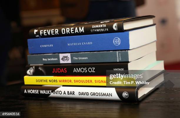 View of the six books featured in the shortlist at a photocall for the shortlisted authors and translators for the Man Booker International Prize...