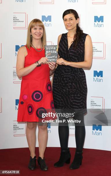 Author Samanta Schweblin of Argentina and translator Megan McDowell of the United States of America with the book 'Fever Dream' at a photocall for...