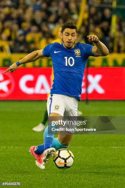 Giuliano Paua of the Brazilian National Football Team controls the ball during the International Friendly Match Between Brazilian National Football...