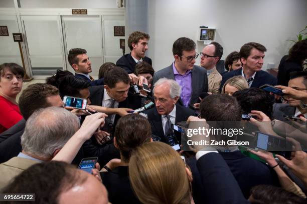 Sen. Bob Corker , speaks to reporters on his way to a policy luncheon on Capitol Hill on June 13, 2017 in Washington, D.C.