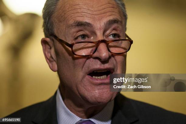 Senate Minority Leader Chuck Schumer speaks during a weekly press conference following a policy luncheon on Capitol Hill on June 13, 2017 in...