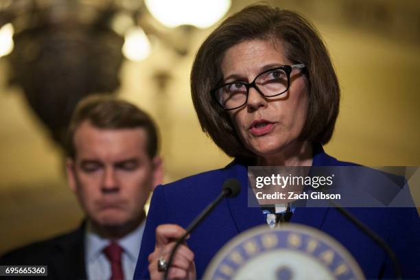 Sen. Catherine Cortez-Masto speaks during a weekly press conference following a policy luncheon on Capitol Hill on June 13, 2017 in Washington, D.C.