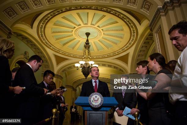 Sen. Michael Bennet speaks during a weekly press conference following a policy luncheon on Capitol Hill on June 13, 2017 in Washington, D.C.