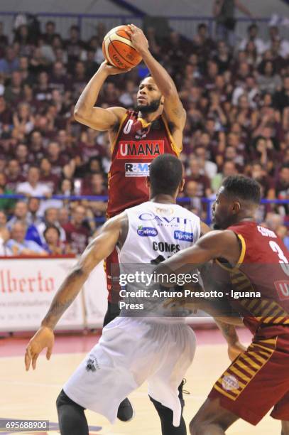 MarQuez Haynes and Melvin Ejim of Umana competes with Joao Gomes of Dolomiti during the match game 2 of play off final series of LBA Legabasket of...