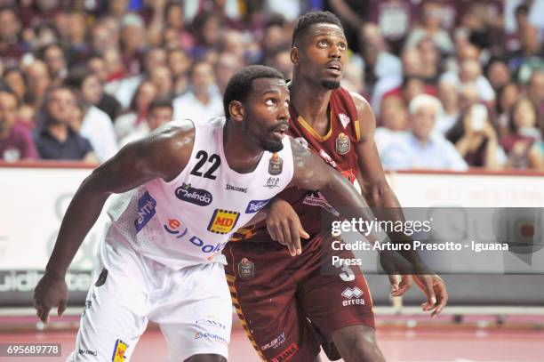 Melvin Ejim of Umana competes with Dustin Hogue of Dolomiti during the match game 2 of play off final series of LBA Legabasket of Serie A1 between...