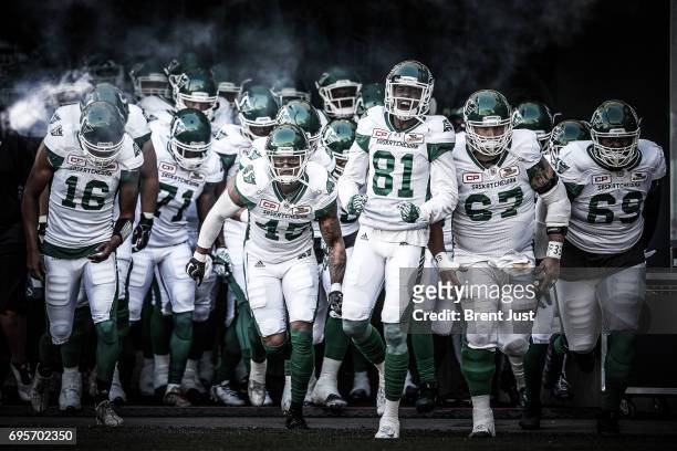 The Saskatchewan Roughriders leave the tunnel for the pre-season game between the Winnipeg Blue Bombers and Saskatchewan Roughriders at Mosaic...