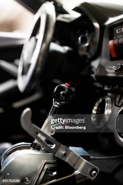 Shifter is seen inside of a General Motors Co. Chevrolet COPO Camaro at the company's build center in Oxford, Michigan, U.S., on Friday, April 21,...