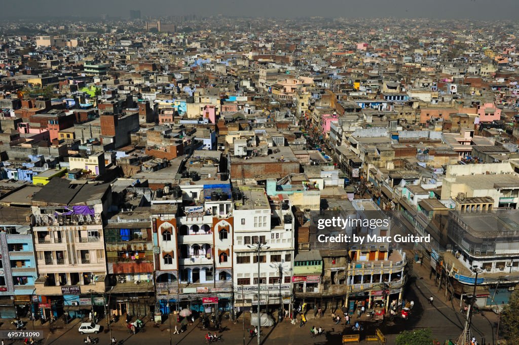 The densely populated sprawl of Old Delhi, as seen from one of the minarets of the Jama Masjid Mosque, Delhi, India