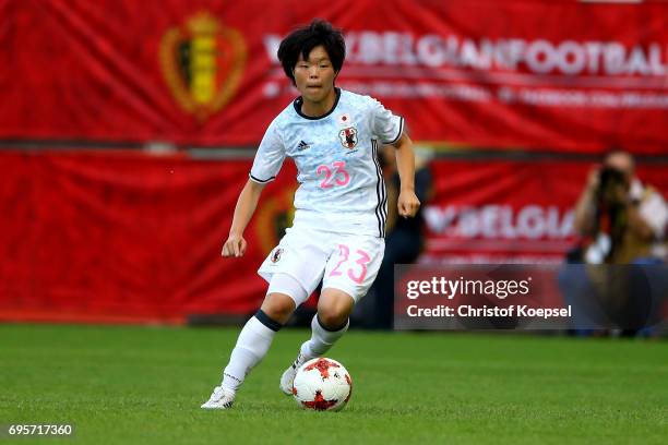 Nana Ichise of Japan runs with the ball during the Women's International Friendly match between Belgium and Japan at Stadium Den Dreef on June 13,...