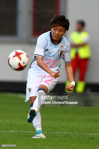 Ami Sugita of Japan runs with the ball during the Women's International Friendly match between Belgium and Japan at Stadium Den Dreef on June 13,...