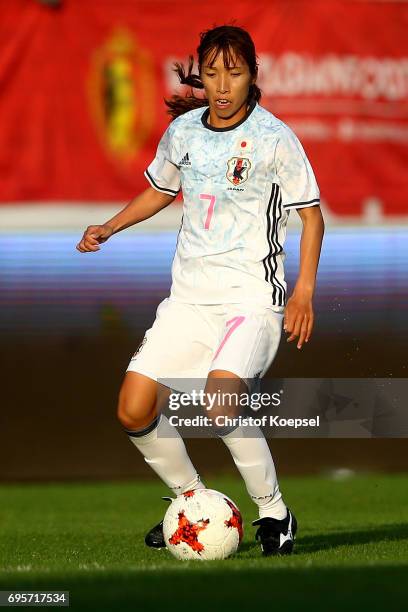 Emi Nakajima of Japan runs with the ball during the Women's International Friendly match between Belgium and Japan at Stadium Den Dreef on June 13,...