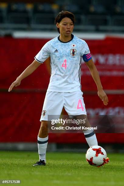 Saki Kumagai of Japan runs with the ball during the Women's International Friendly match between Belgium and Japan at Stadium Den Dreef on June 13,...