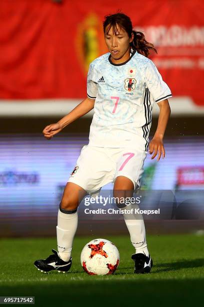 Emi Nakajima of Japan runs with the ball during the Women's International Friendly match between Belgium and Japan at Stadium Den Dreef on June 13,...