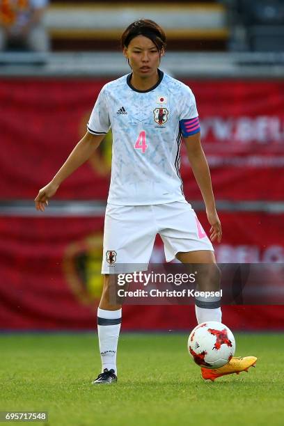 Saki Kumagai of Japan runs with the ball during the Women's International Friendly match between Belgium and Japan at Stadium Den Dreef on June 13,...