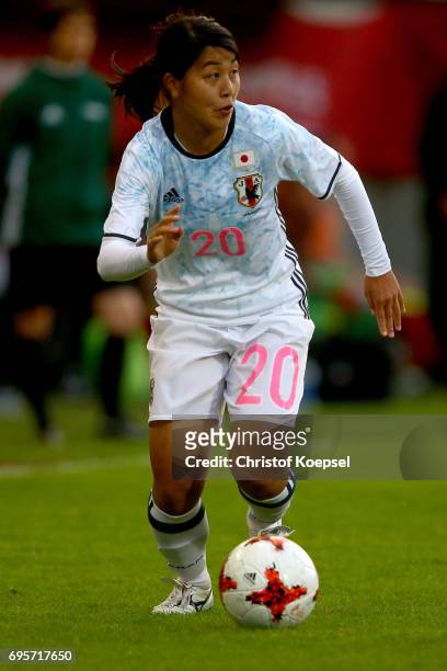 Ayumi Oya of Japan runs with the ball during the Women's International Friendly match between Belgium and Japan at Stadium Den Dreef on June 13, 2017...