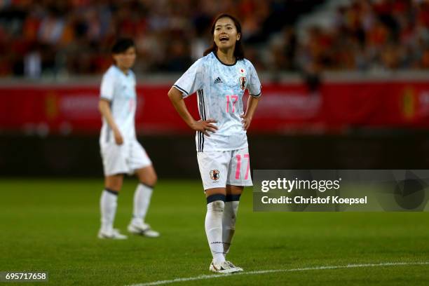 Yui Hasegawa of Japan is seen during the Women's International Friendly match between Belgium and Japan at Stadium Den Dreef on June 13, 2017 in...