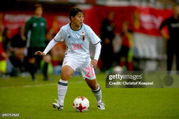 Ayumi Oya of Japan runs with the ball during the Women's International Friendly match between Belgium and Japan at Stadium Den Dreef on June 13, 2017...