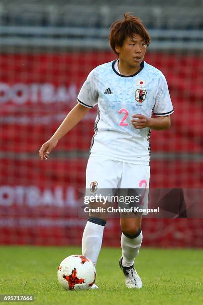 Hikari Takagi of Japan runs with the ball during the Women's International Friendly match between Belgium and Japan at Stadium Den Dreef on June 13,...